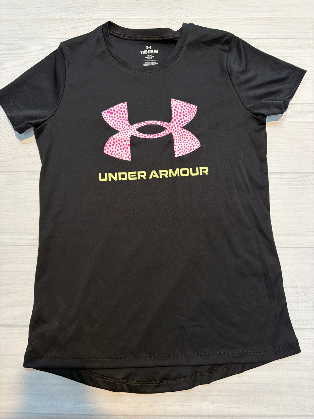 Under Armour Black Tee with Pink Logo and Yellow Text